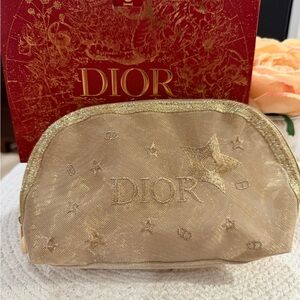 Dior Holiday 2025 Shimmering Gold Mesh Cosmetic Bag PLUS Red Dior Gift Bag